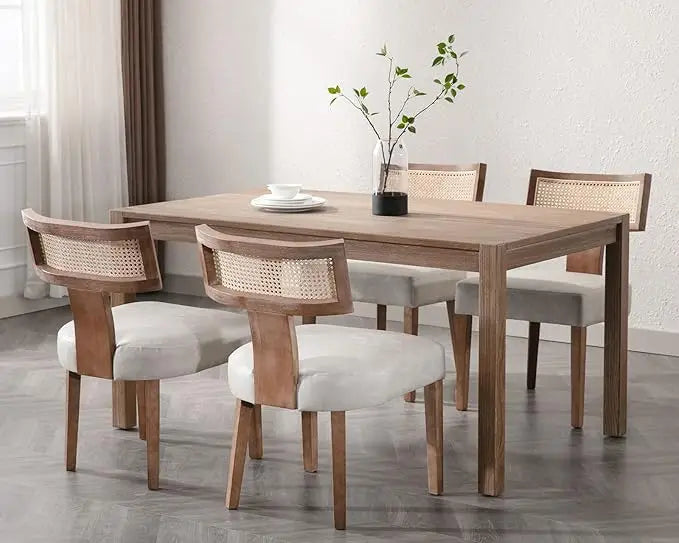 Mid Century Modern Rattan Dining Chairs Set of 4, Farmhouse Linen Upholstered Accent Chair Curved Backrest Kitchen Chairs, with