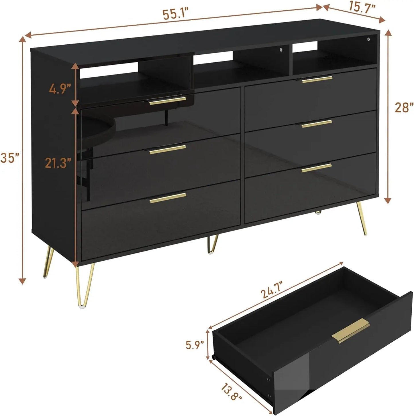 Black Dresser for Bedroom with LED Lights, 6 Drawer with Gold Legs, High Gloss Modern Wood