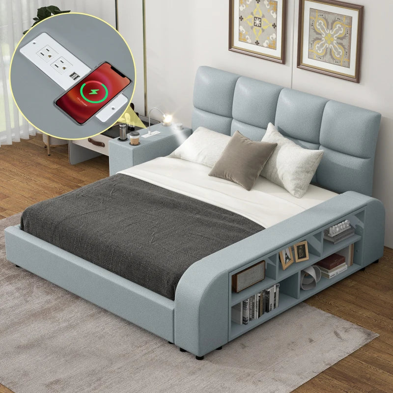 Queen Size Upholstered Platform Bed with Multimedia Nightstand and Storage Shelves,No Box Spring Required, Gray/White