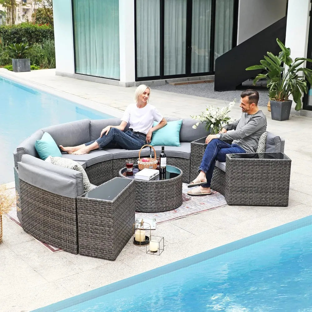 Furniture Sets with Tempered Glass Coffee Table and 4 Pillows, Half-Moon Sectional Round Set Curved Sofa Sets