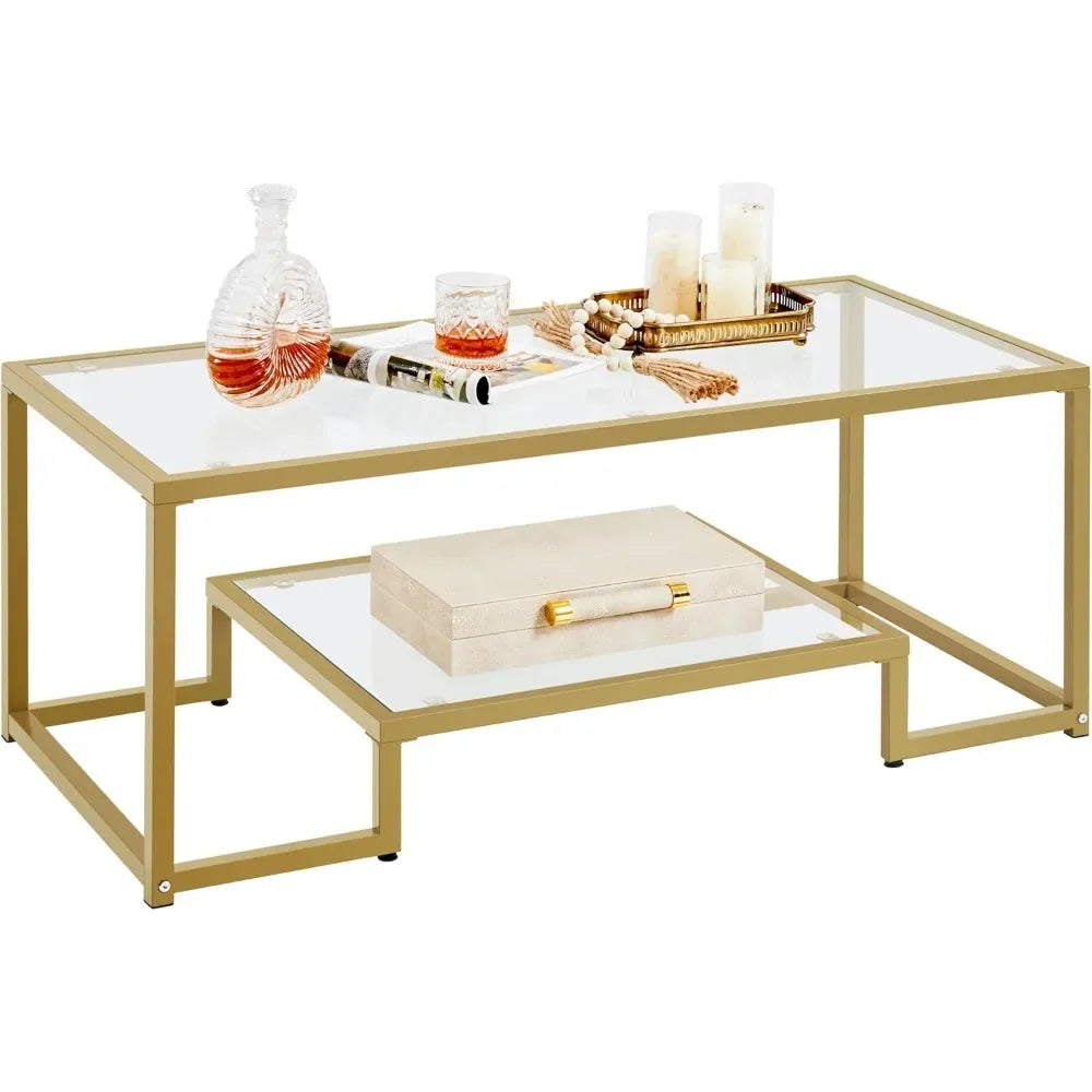 Coffee Table,42" Rectangular Glass Coffee Table for Living Room,2-Tier Center Tea Table W Metal Frame for Small Space, Apartment
