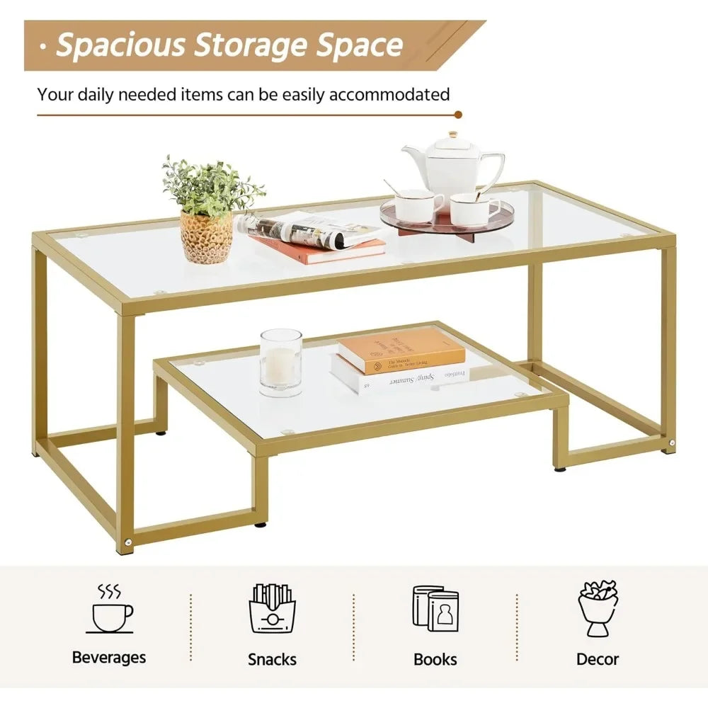 Coffee Table,42" Rectangular Glass Coffee Table for Living Room,2-Tier Center Tea Table W Metal Frame for Small Space, Apartment