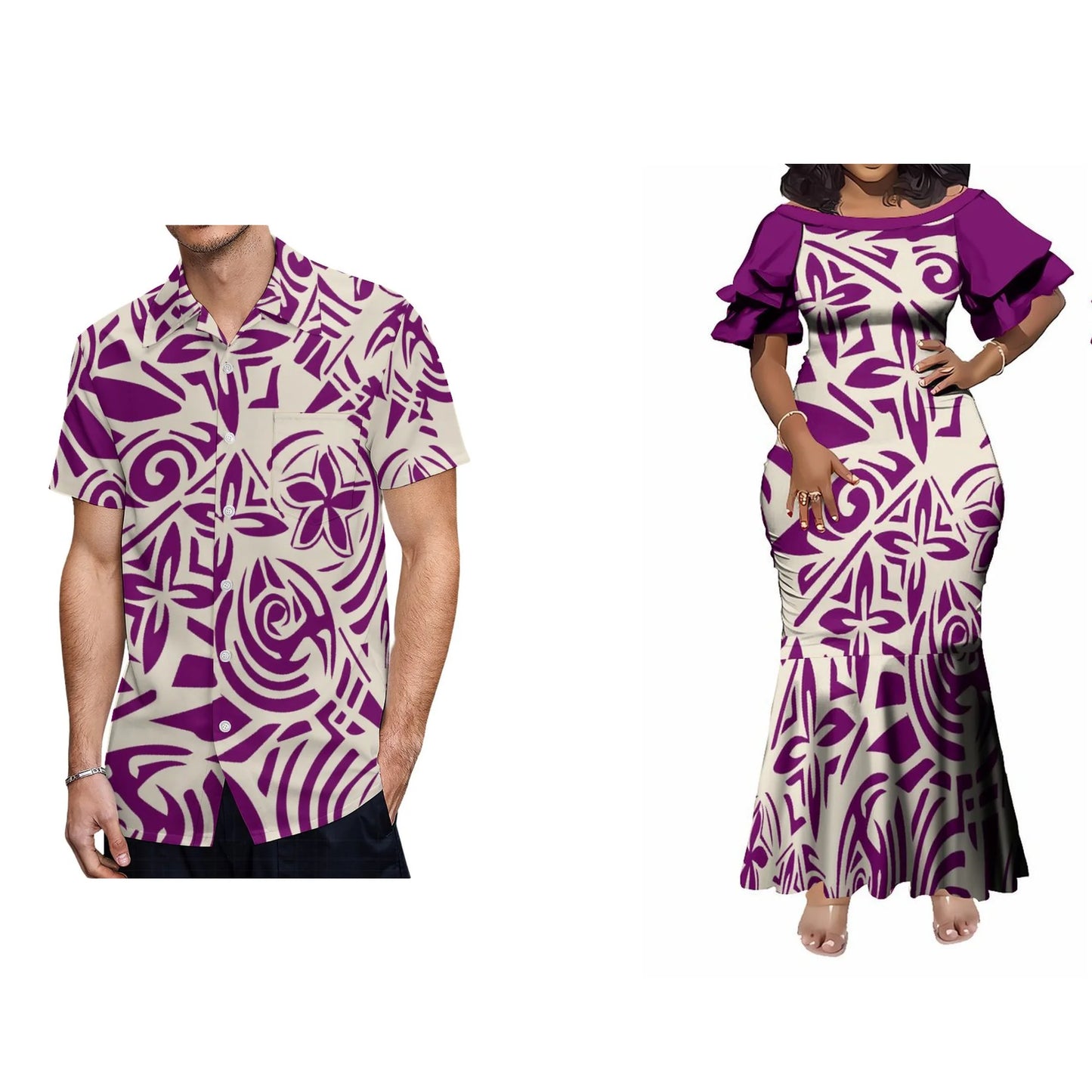 Wholesale Customized Double Layered Ruffle Sleeve Ladies Long Fishtail Mermaid Dress Polynesian Dress Plus Size Womens Clothing