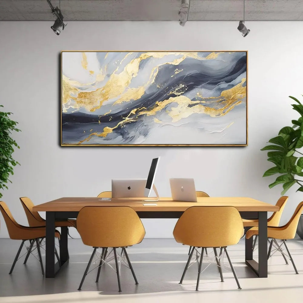 Large abstract canvas wall art gold decoration blue painting living room