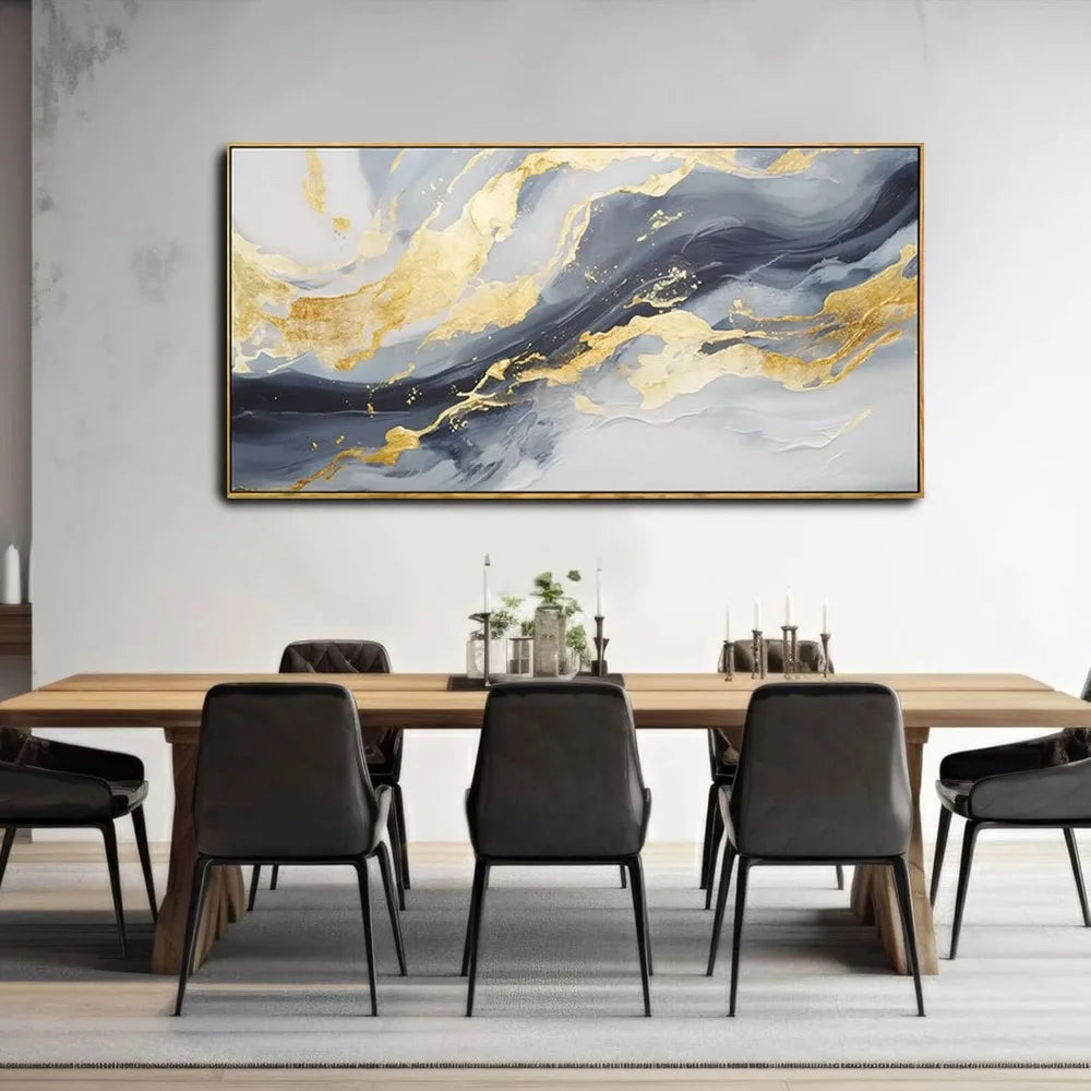 Large abstract canvas wall art gold decoration blue painting living room