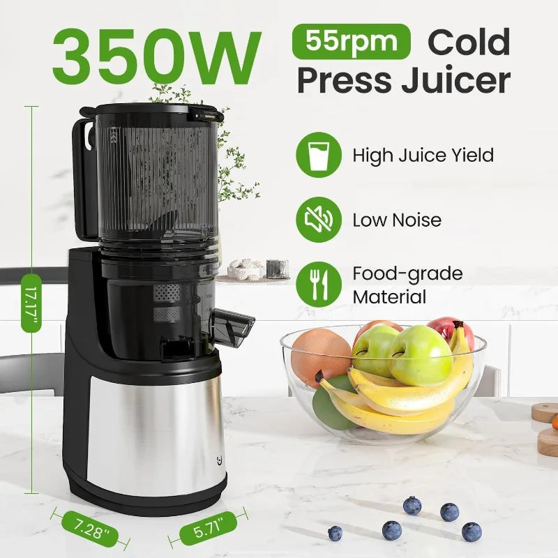 Masticating Juicer, 350W Slow Cold Press Juicer with 5.8" Extra-Large Feeding Chute, Juicer Machines Whole Fruits and Vegetables