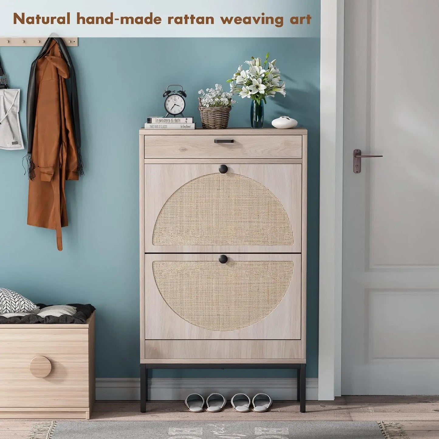 Shoe Storage Cabinet with 2 Flip Drawers&1 Small Drawer, Slim Entryway Shoe Organizer with Half Round Woven Rattan Doors