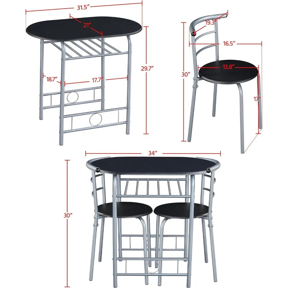 Table Set, Kitchen Table & Chair Sets for 2, Compact Table Set w/Steel Legs, Built-in  Rack for Breakfast