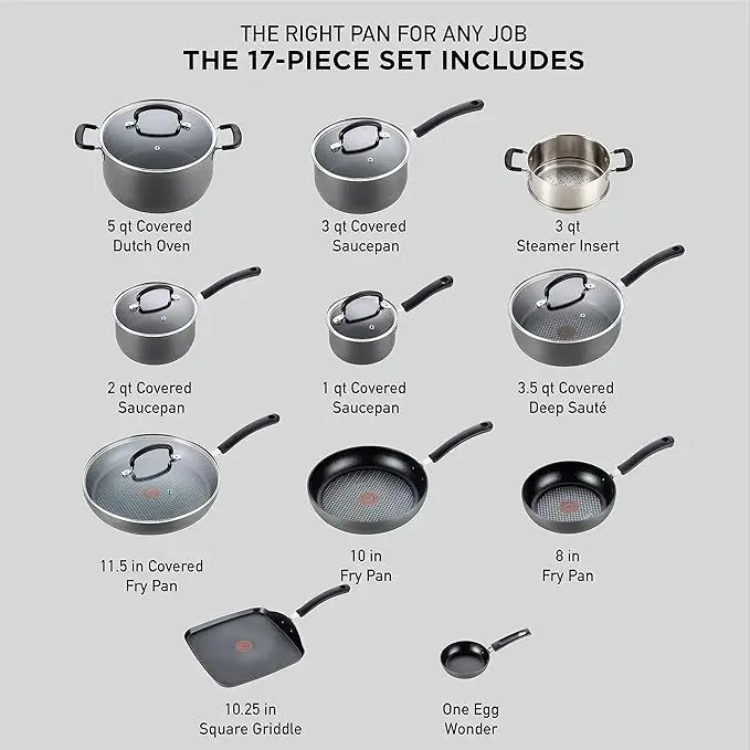 Nonstick Cookware Set 17 Piece, Oven Broiler Safe 400F, Lid Safe 350F, Kitchen Cooking Set