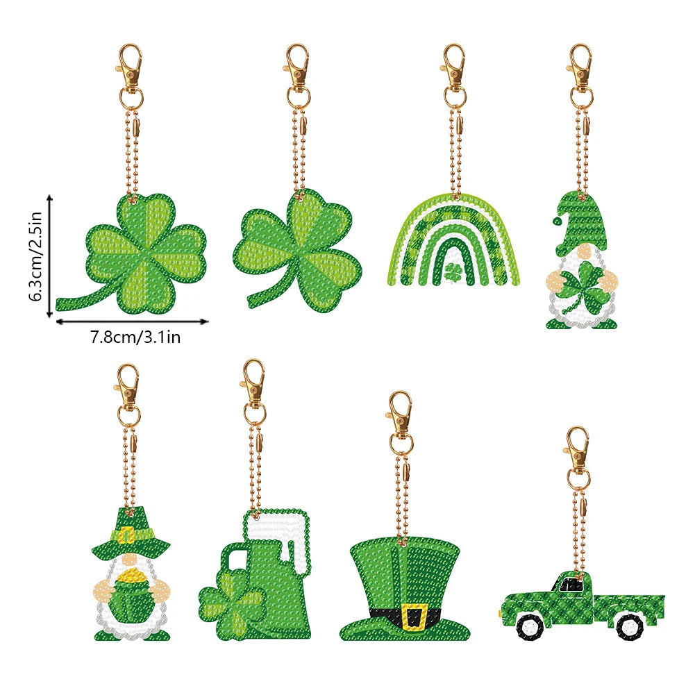 8 Pcs Full Drill Keyring Round Double Sided Diamond Art Keyring Shamrock St. Patricks Day for Birthday Crafting Home Party Decor