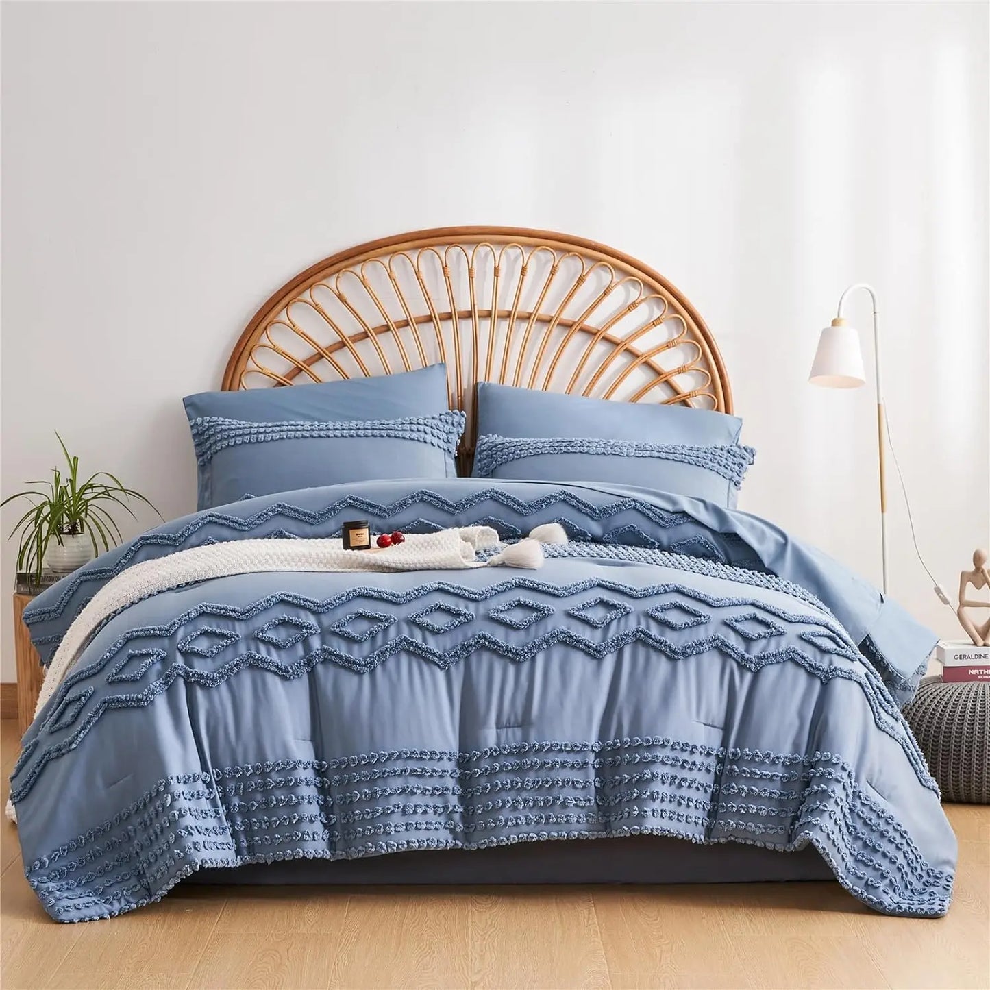 Blue Tufted Comforter Set Full Size 7 Piece Bed in a Bag, Shabby Chic Boho Comforter