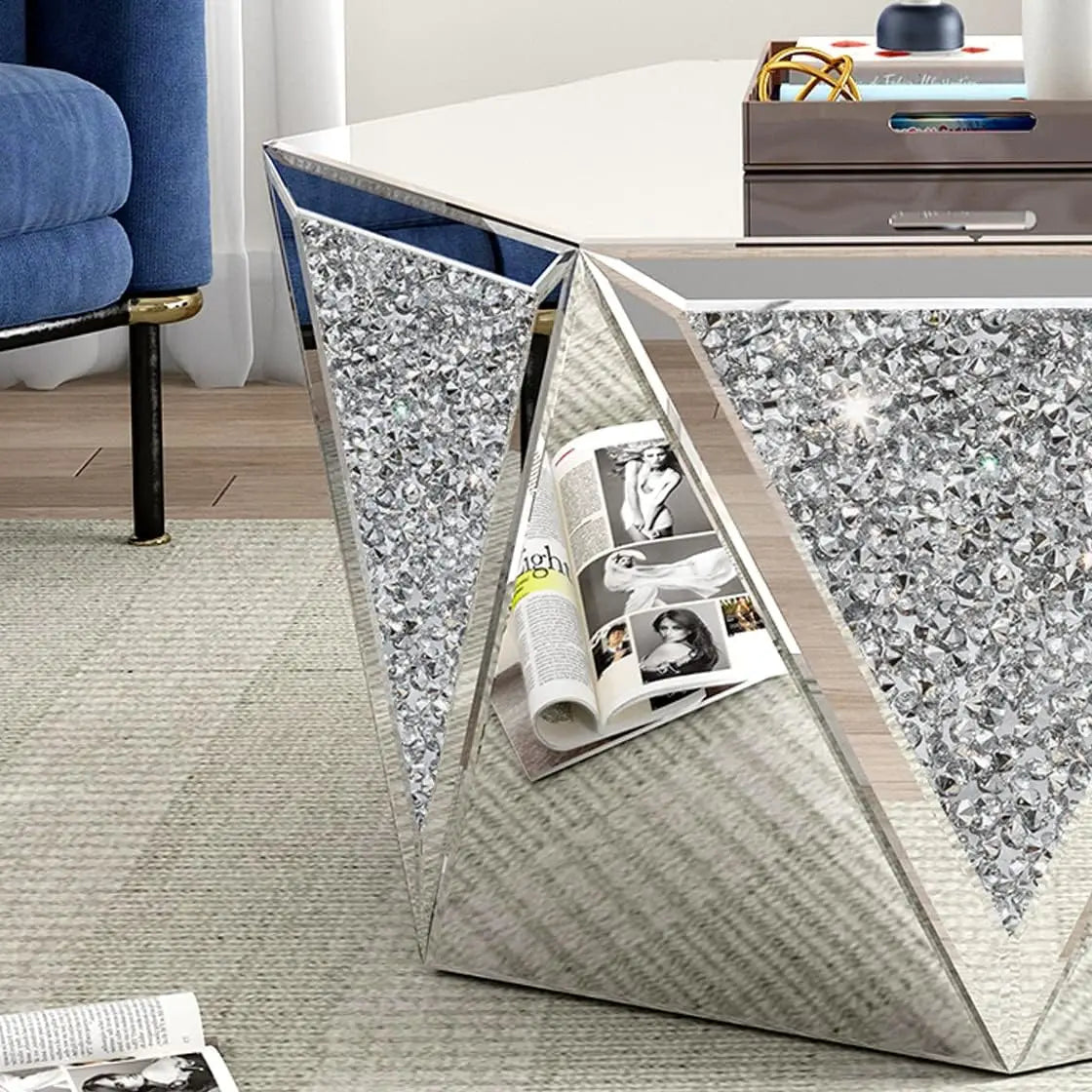 Coffee Table Mirrored with Crystal Inlay, Hexagon Silver Accent Table, Modern Design Luxury