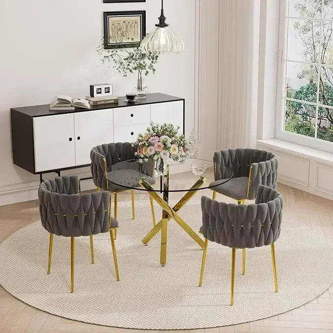 Dining Table Set for 4 with Grey Woven Dining Chair, 5 Pieces Minimalist Modern Round Glass Dinner Room Table Set