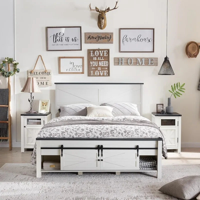 Farmhouse Wood Bed Frame Queen Size with Sliding Barn Door Storage Cabinets and Headboard, Solid Wood Slats