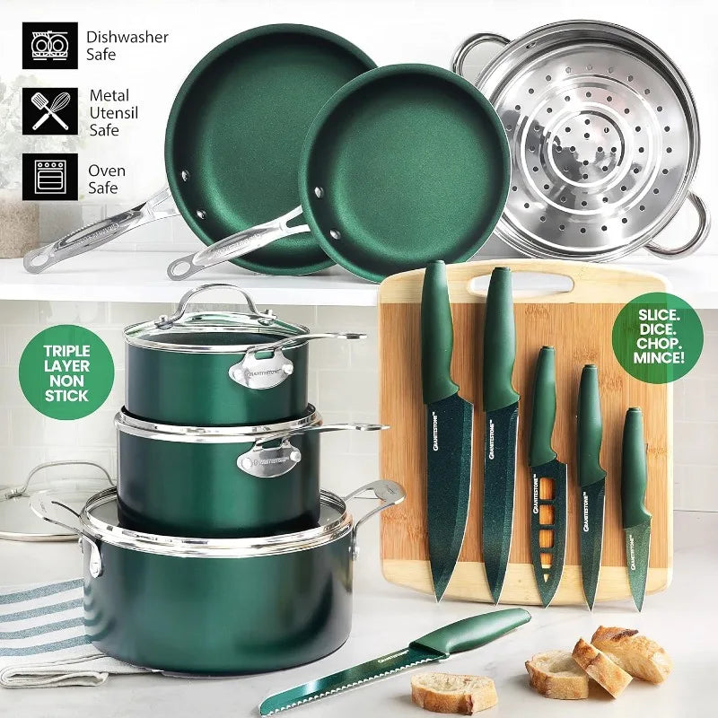 Green 20 Pc Pots and Pans Set Nonstick, Kitchen Cookware Set & Bakeware Set