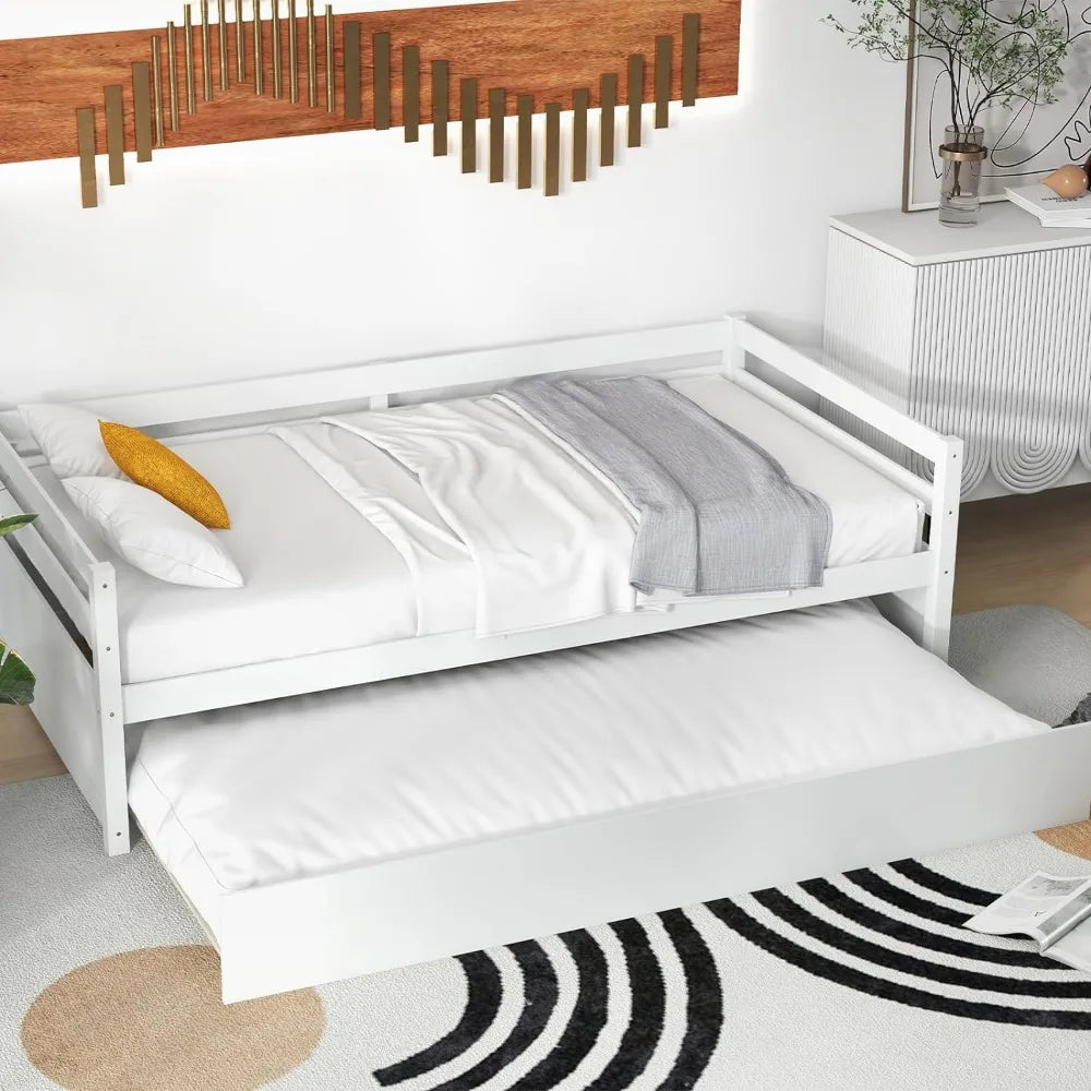 Twin Bed with Trundle, Wood Daybed Frame with Trundle, No Box Spring Needed Sofa Bed Frame, Twin Size Bed