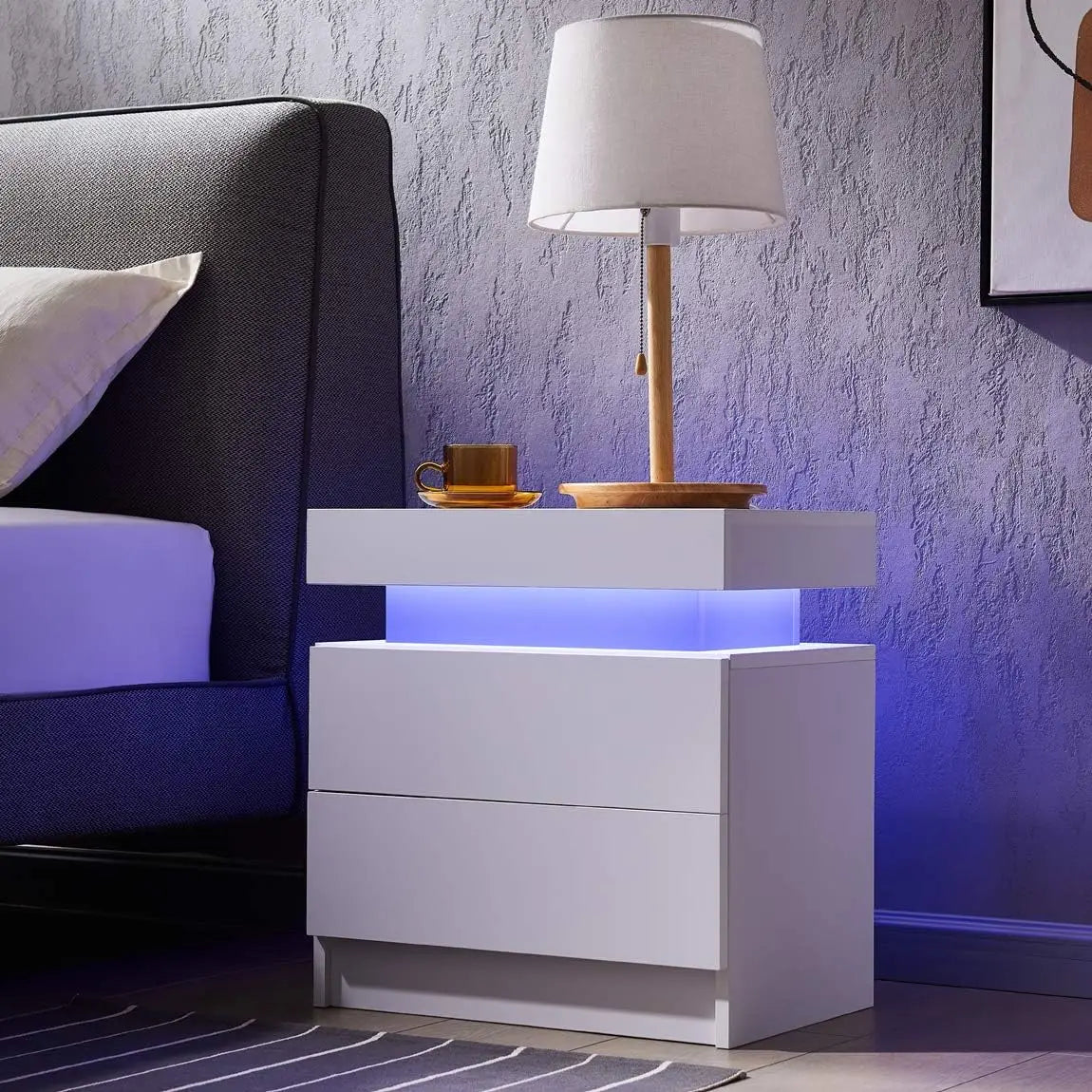 Set of 2 LED Nightstand with 2 Drawers, Bedside Table with Drawers for Bedroom Furniture, Side Bed Table with LED Light, White